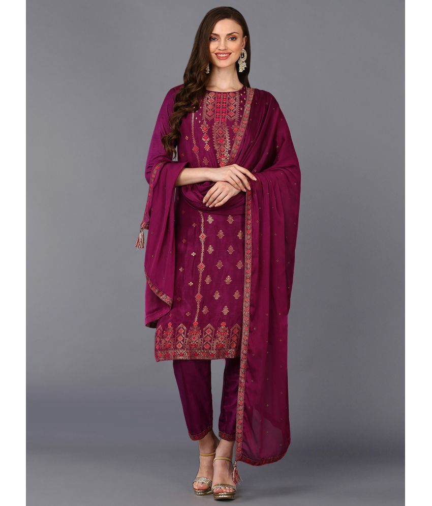     			Vaamsi Silk Blend Self Design Kurti With Pants Women's Stitched Salwar Suit - Magenta ( Pack of 1 )