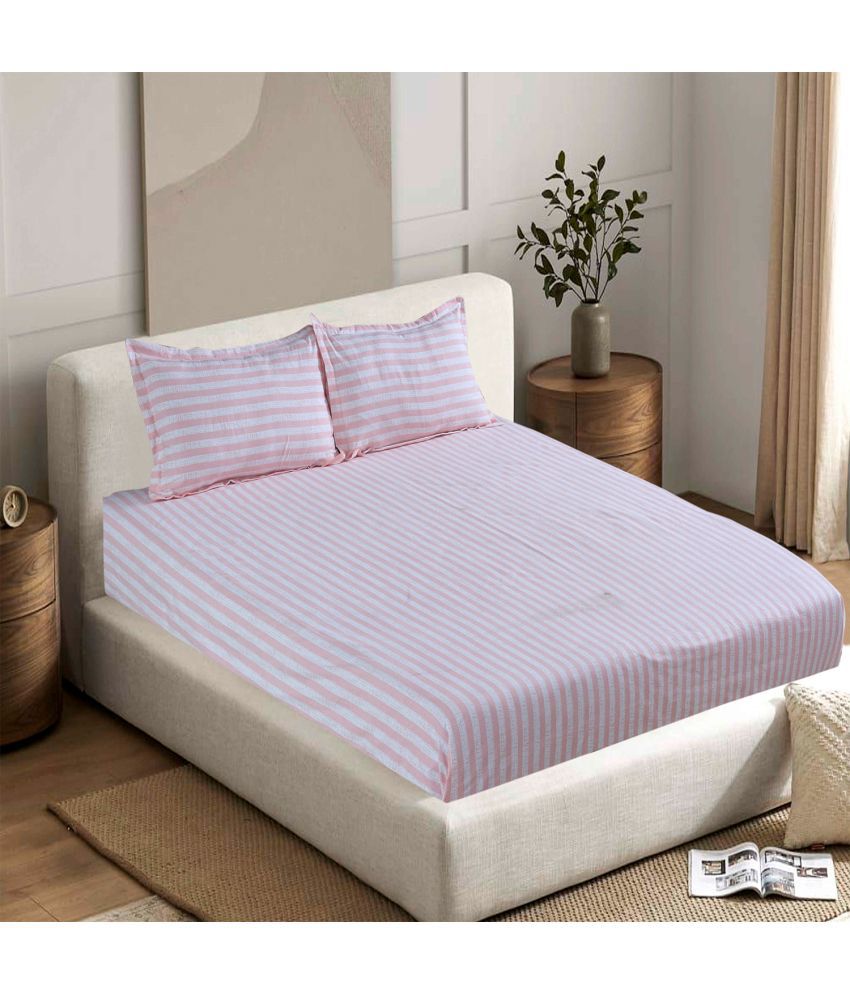     			Valtellina Cotton Vertical Striped 1 Double Bedsheet with 2 Pillow Covers - Pink