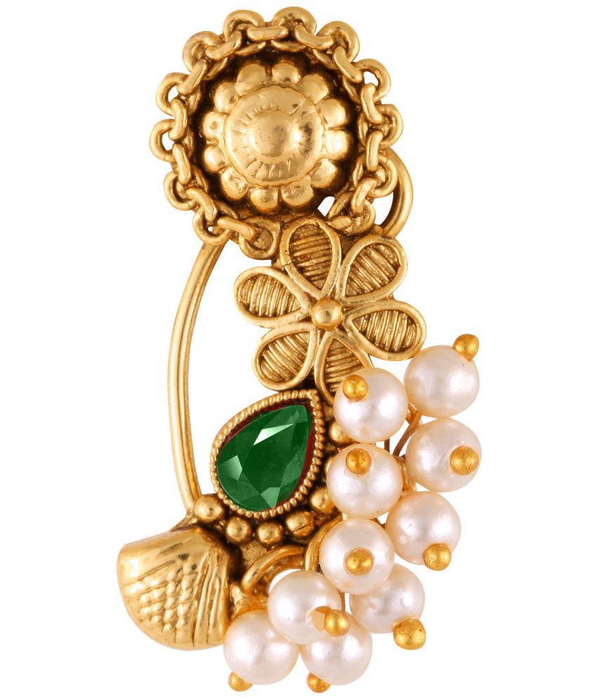     			Vivastri Premium Gold Plated Nath Collection  With Beautiful & Luxurious Green Diamond Pearl Studded Maharashtraian Nath For Women & Girls-VIVA1175NTH-Press-Green