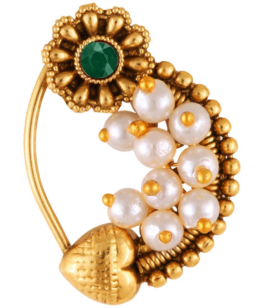     			Vivastri Premium Gold Plated Nath Collection  With Beautiful & Luxurious Green Diamond Pearl Studded Maharashtraian Nath For Women & Girls-VIVA1177NTH-Press-Green