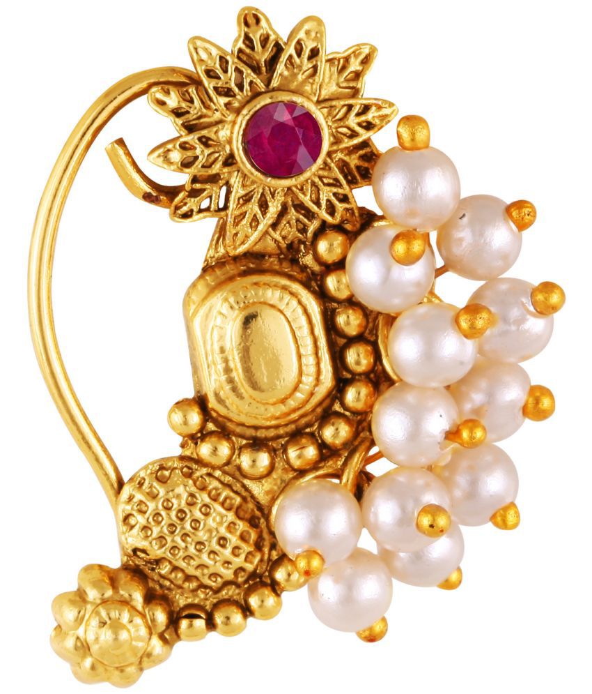     			Vivastri Premium Gold Plated Nath Collection  With Beautiful & Luxurious Red Diamond Pearl Studded Maharashtraian Nath For Women & Girls-VIVA1167NTH-Press-Red