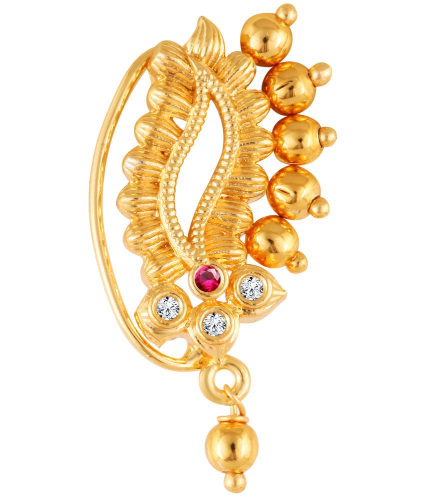     			Vivastri Premium Gold Plated Nath Collection  With Beautiful & Luxurious Red Diamond Pearl Studded Maharashtraian  Nath For Women & Girls-VIVA1164NTH-Press-Gold