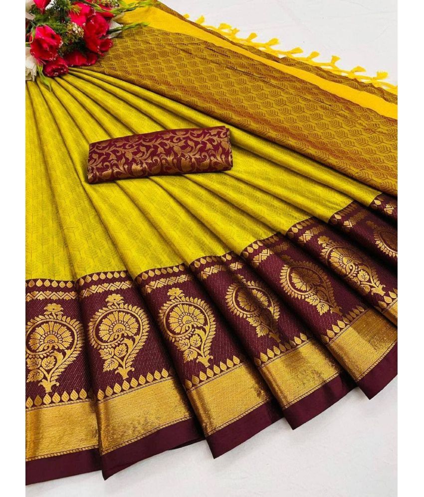     			A TO Z CART Cotton Silk Embellished Saree With Blouse Piece - Yellow ( Pack of 1 )