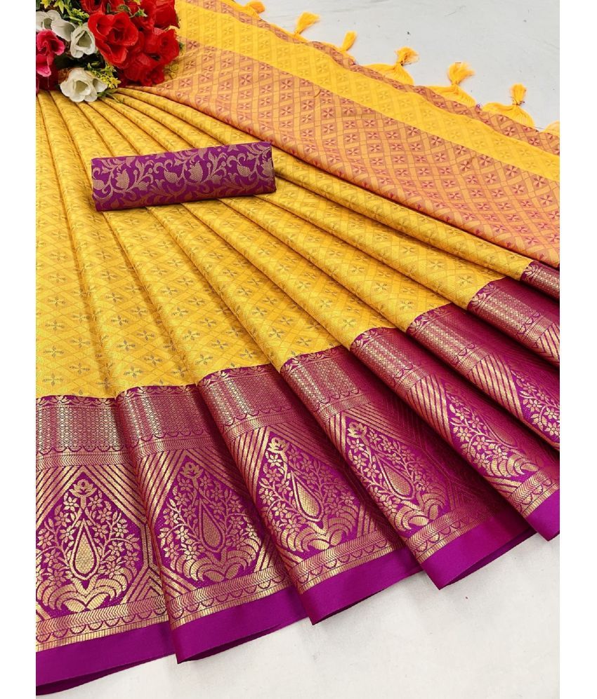     			A TO Z CART Cotton Silk Embellished Saree With Blouse Piece - Yellow ( Pack of 1 )