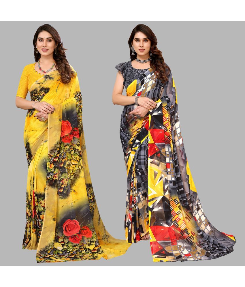     			Kashvi Sarees Georgette Printed Saree With Blouse Piece - Multicolor ( Pack of 2 )