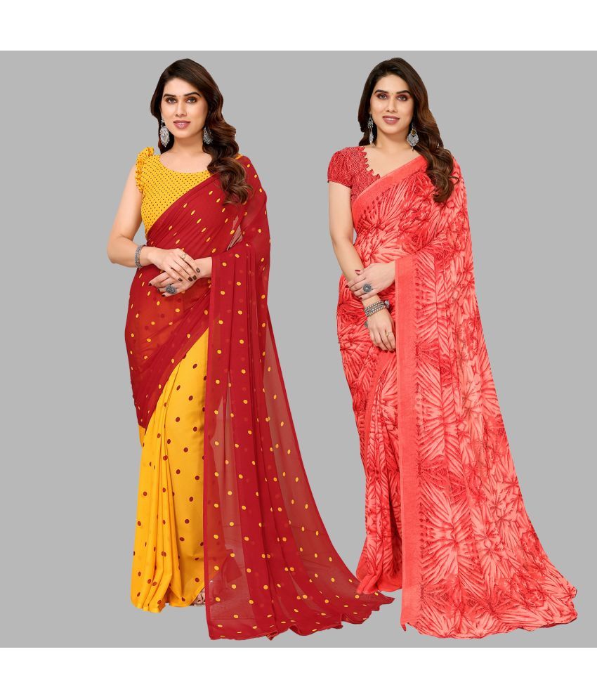     			Kashvi Sarees Georgette Printed Saree With Blouse Piece - Multicolor ( Pack of 2 )