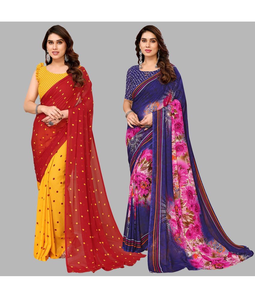     			Kashvi Sarees Georgette Printed Saree With Blouse Piece - Multicolor ( Pack of 2 )