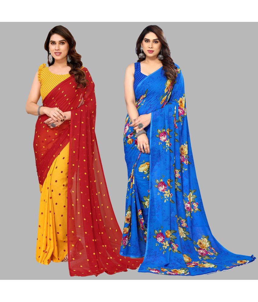     			Kashvi Sarees Georgette Printed Saree With Blouse Piece - Multicolor ( Pack of 2 )