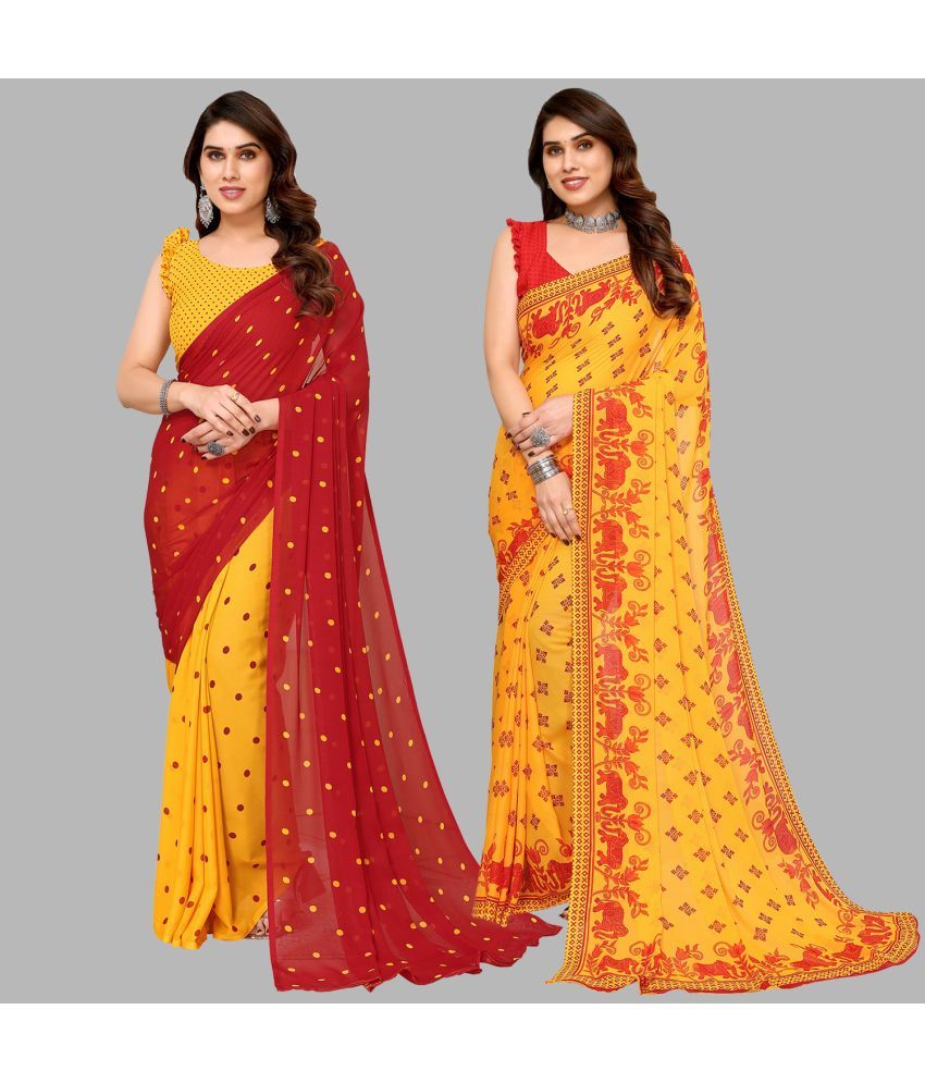     			Kashvi Sarees Georgette Printed Saree With Blouse Piece - Multicolor ( Pack of 2 )