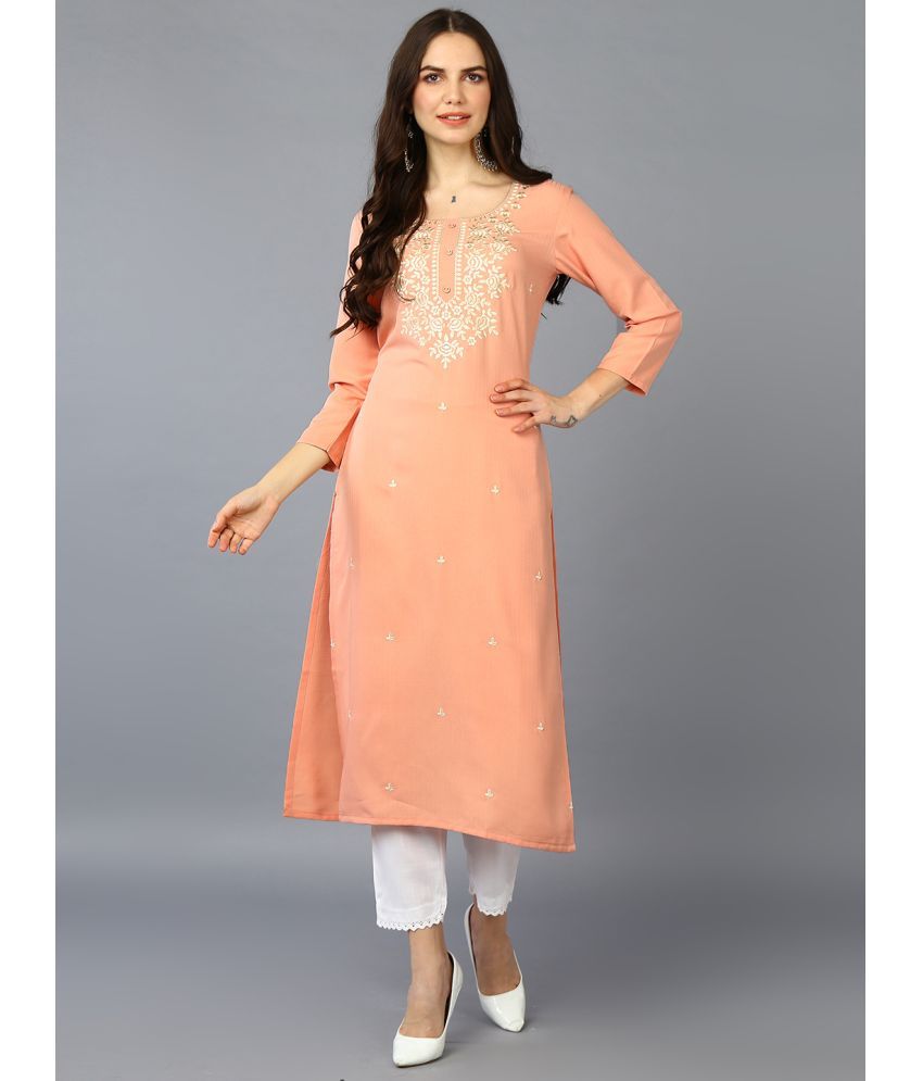     			Vaamsi Cotton Blend Embroidered Straight Women's Kurti - Peach ( Pack of 1 )