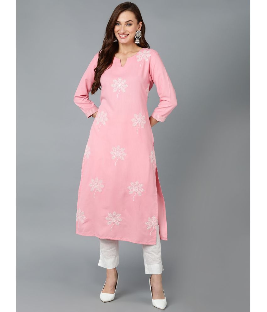     			Vaamsi Cotton Blend Embroidered Straight Women's Kurti - Pink ( Pack of 1 )