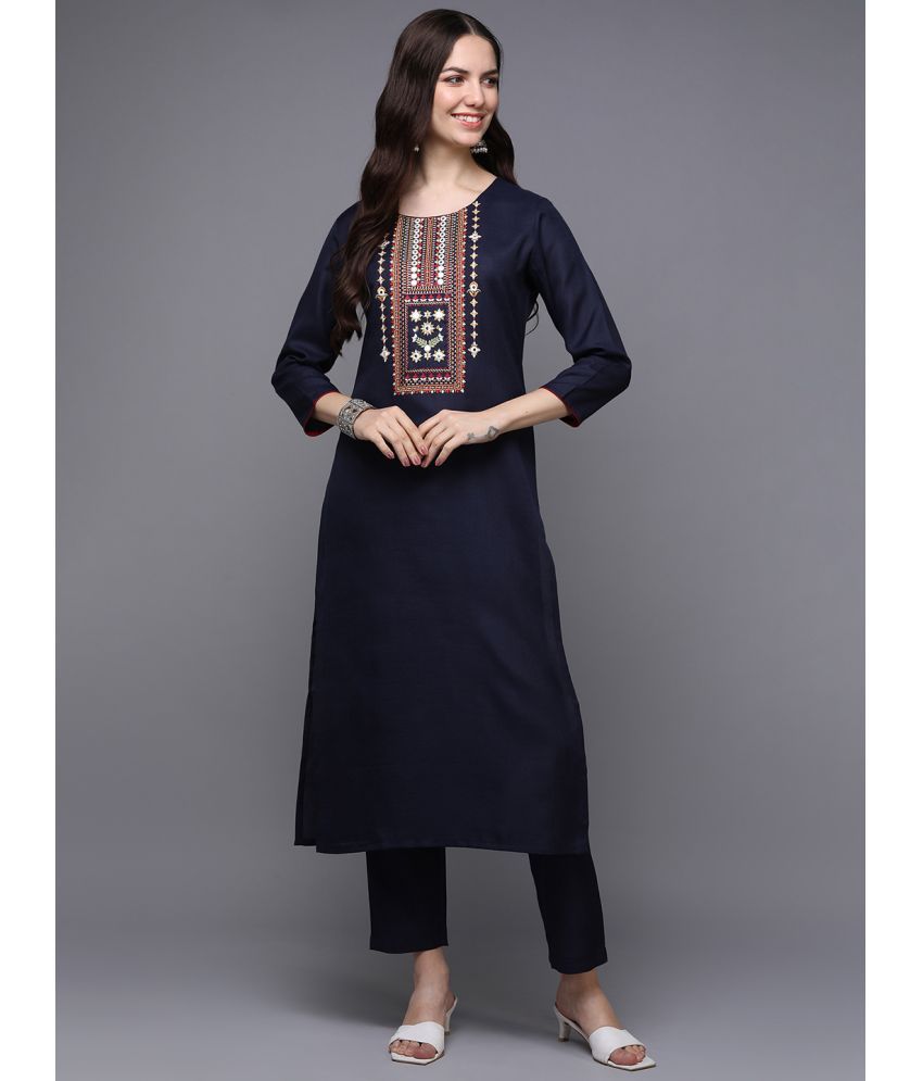     			Vaamsi Cotton Blend Embroidered Straight Women's Kurti - Navy Blue ( Pack of 1 )