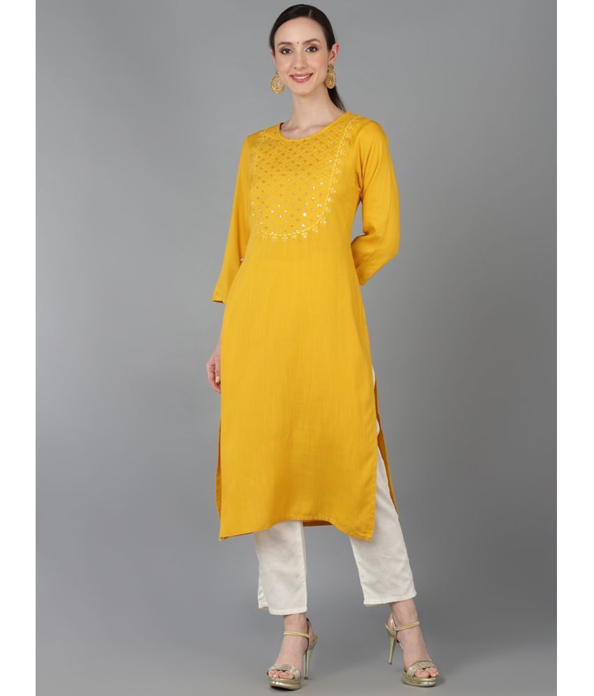     			Vaamsi Cotton Blend Embroidered Straight Women's Kurti - Yellow ( Pack of 1 )