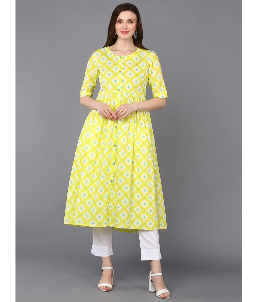     			Vaamsi Cotton Blend Printed A-line Women's Kurti - Yellow ( Pack of 1 )