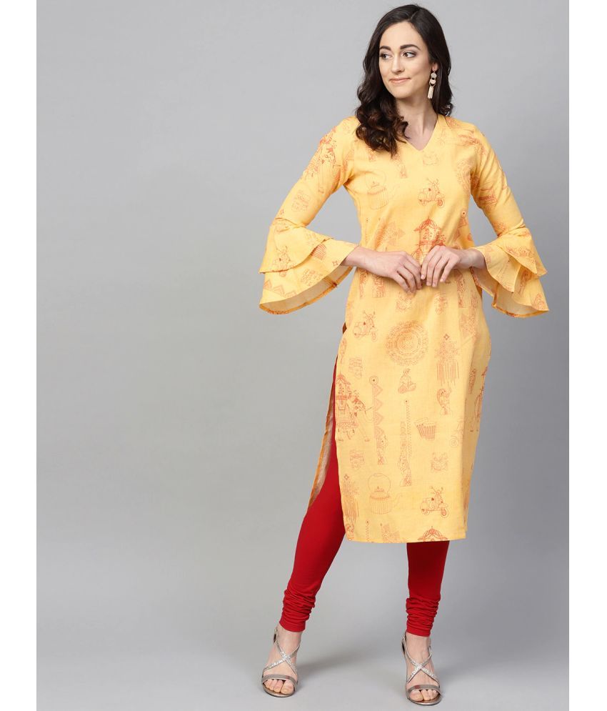     			Vaamsi Cotton Printed Straight Women's Kurti - Yellow ( Pack of 1 )