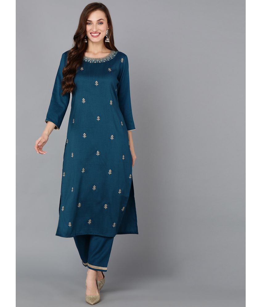     			Vaamsi Silk Blend Embroidered Straight Women's Kurti - Teal ( Pack of 1 )