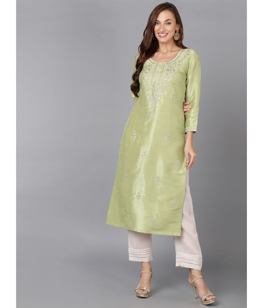     			Vaamsi Silk Blend Embroidered Straight Women's Kurti - Lime Green ( Pack of 1 )