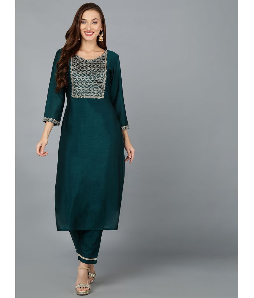     			Vaamsi Silk Blend Embroidered Straight Women's Kurti - Green ( Pack of 1 )