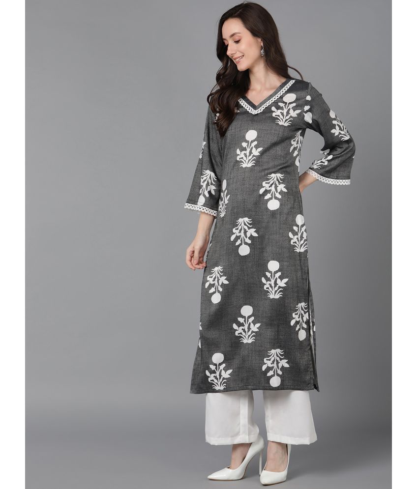     			Vaamsi Silk Blend Printed Straight Women's Kurti - Grey ( Pack of 1 )