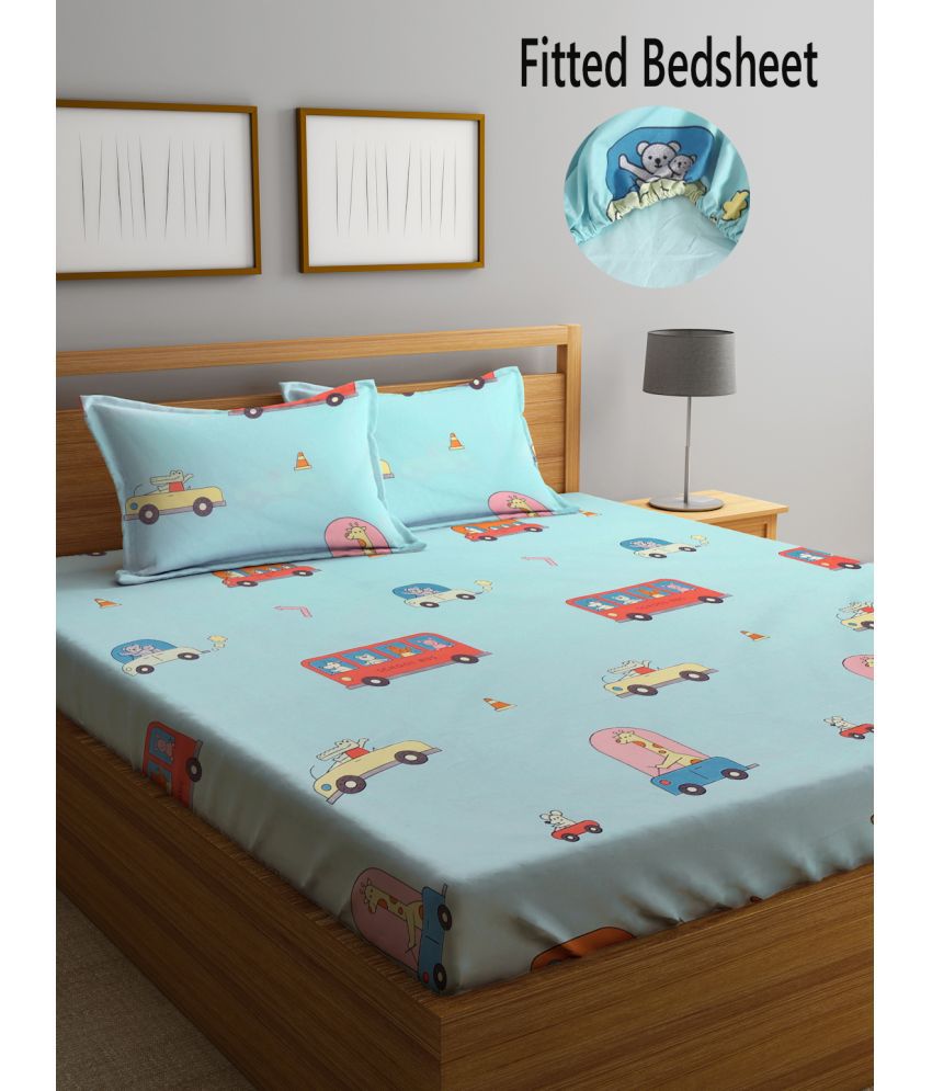     			FABINALIV Poly Cotton Animal Fitted Fitted bedsheet with 2 Pillow Covers ( Double Bed ) - Sky Blue