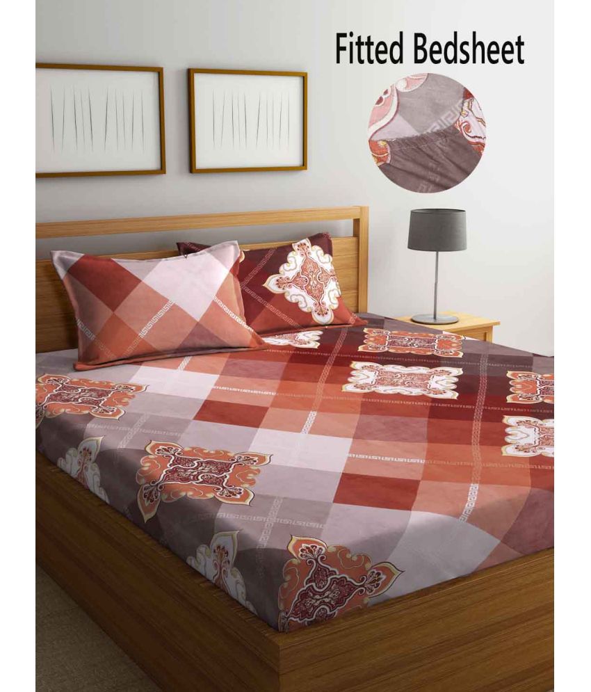     			FABINALIV Poly Cotton Ethnic Fitted Fitted bedsheet with 2 Pillow Covers ( Double Bed ) - Red