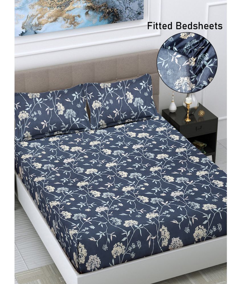     			FABINALIV Poly Cotton Floral Fitted Fitted bedsheet with 2 Pillow Covers ( Double Bed ) - Blue