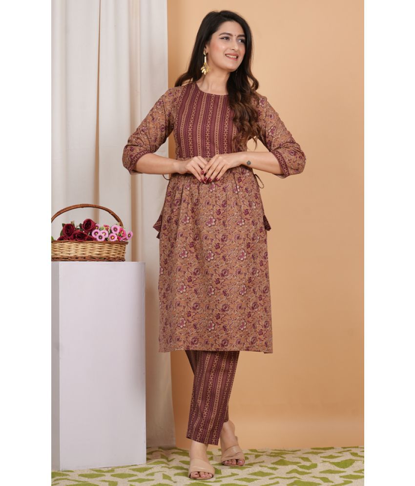     			Sanmatti Cotton Printed Kurti With Pants Women's Stitched Salwar Suit - Brown ( Pack of 1 )