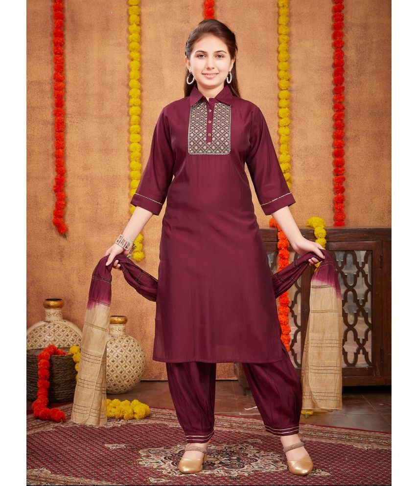     			Aarika Wine Silk Girls Patiala Kurta Set ( Pack of 1 )