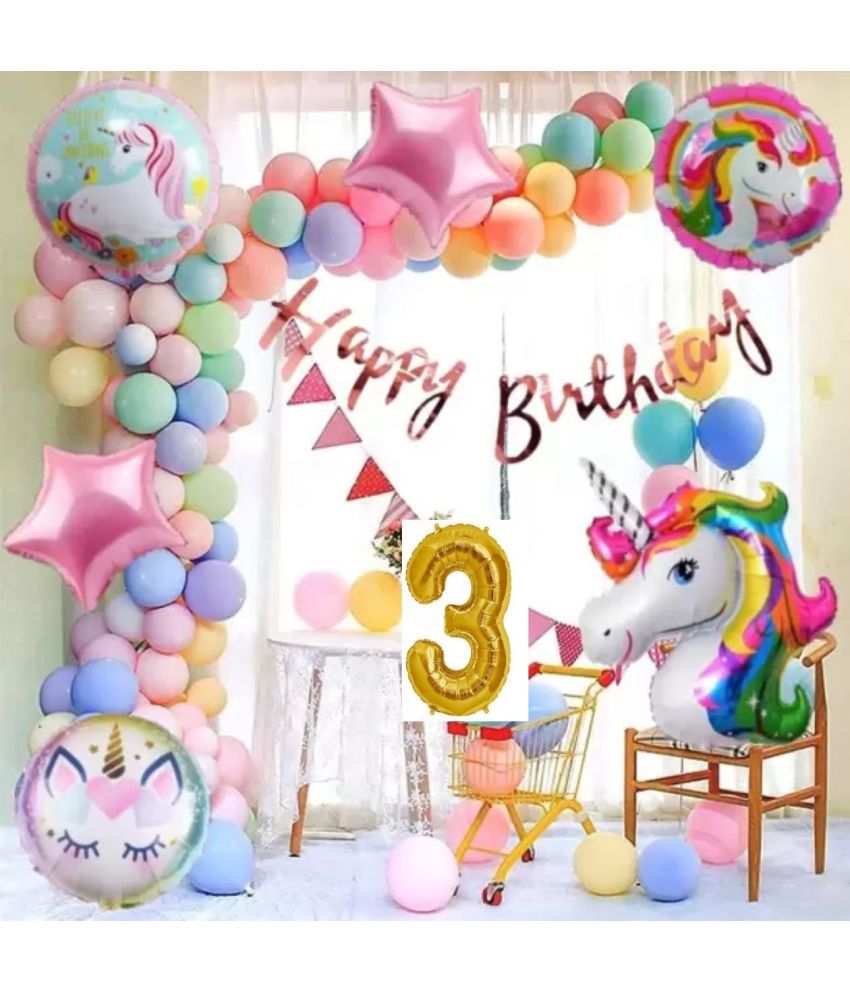     			KR 3RD HAPPY BIRTHDAY PARTY DECORATION WITH HAPPY BIRTHDAY BANNER ( 13 ), 30 MULTI COLOUR PASTEL BALLOON, 1 ARCH , 1 UNICORN, 2 PINK STAR, 2 ROUND SHAPE BALLOON, 3 NO. GOLD FOIL BALLOON