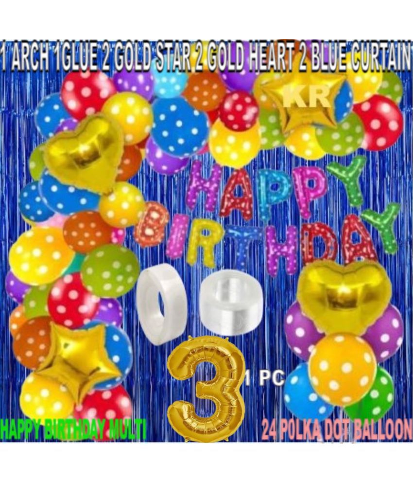     			KR 3RD HAPPY BIRTHDAY PARTY DECORATION WITH HAPPY BIRTHDAY MULTI DOT BALLOON (13), 24 POLKA DOT, 2 GOLD STAR, 2 GOLD HEART 2 BLUE CURAIN 1 ARCH 1 GLUE 3 NO. GOLD FOIL BALLOON