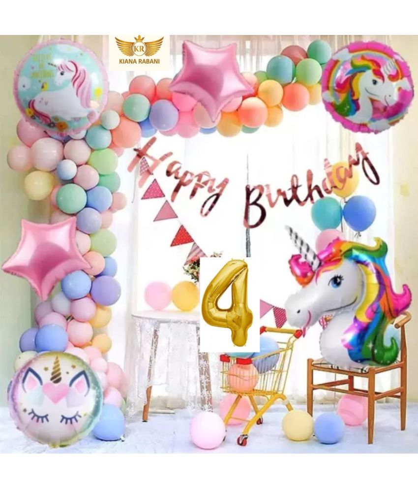     			KR 4TH HAPPY BIRTHDAY PARTY DECORATION WITH HAPPY BIRTHDAY BANNER ( 13 ), 30 MULTI COLOUR PASTEL BALLOON, 1 ARCH , 1 UNICORN, 2 PINK STAR, 2 ROUND SHAPE BALLOON, 4 NO. GOLD FOIL BALLOON