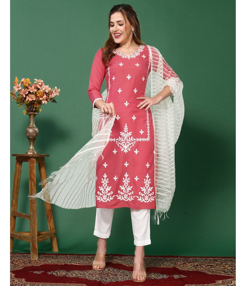     			Skylee Chiffon Embroidered Kurti With Pants Women's Stitched Salwar Suit - Pink ( Pack of 1 )