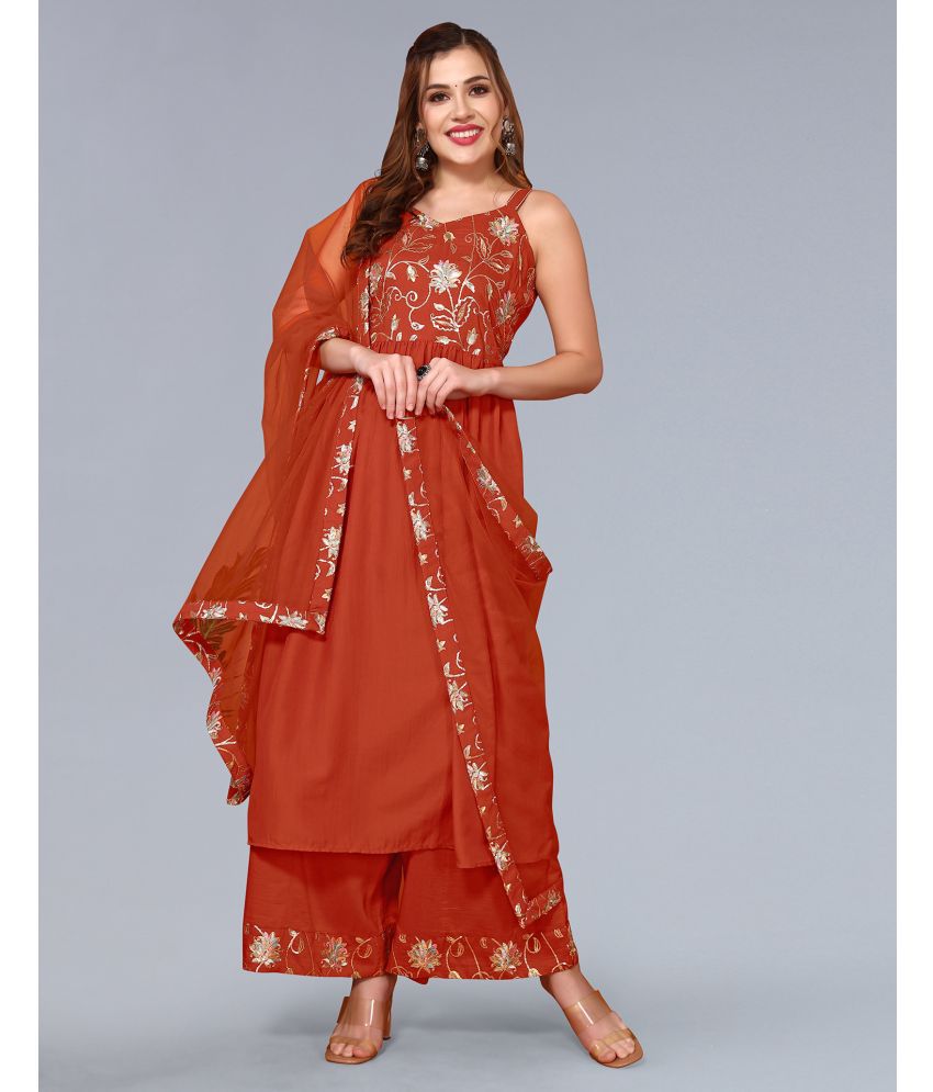     			Skylee Chiffon Embroidered Kurti With Pants Women's Stitched Salwar Suit - Rust ( Pack of 1 )