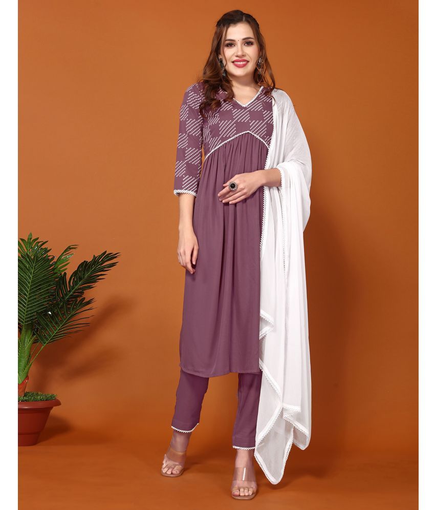     			Skylee Chiffon Printed Kurti With Pants Women's Stitched Salwar Suit - Mauve ( Pack of 1 )