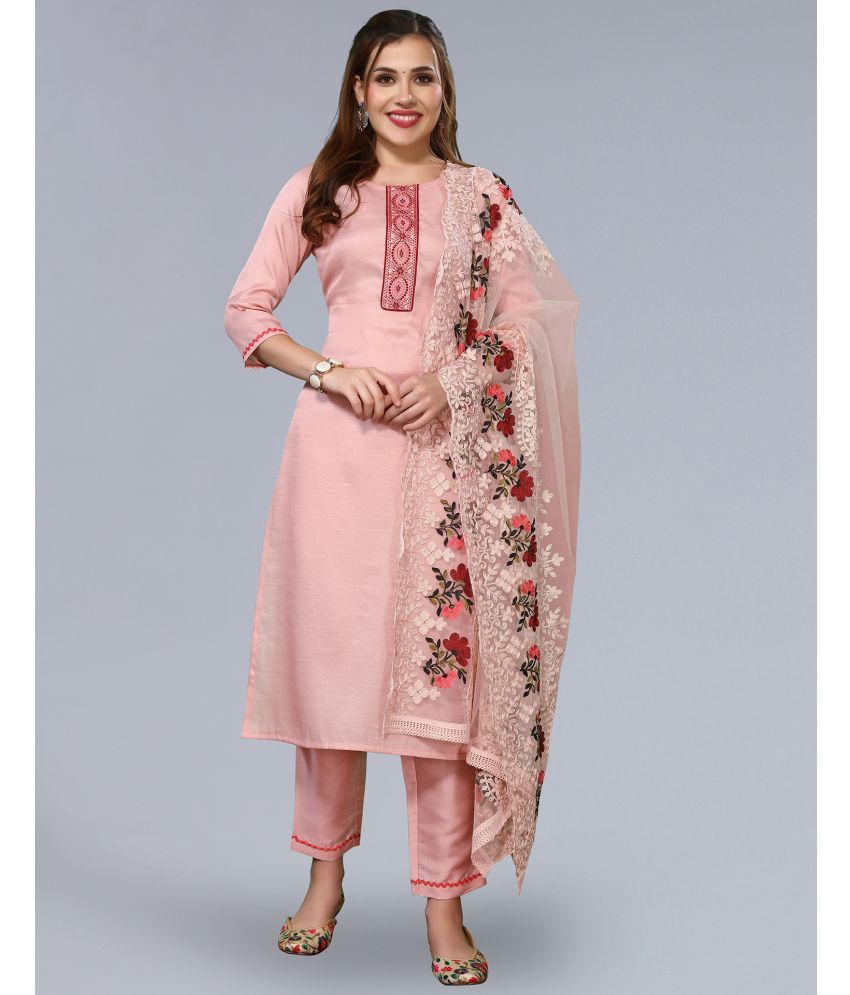     			Skylee Silk Embroidered Kurti With Pants Women's Stitched Salwar Suit - Pink ( Pack of 1 )