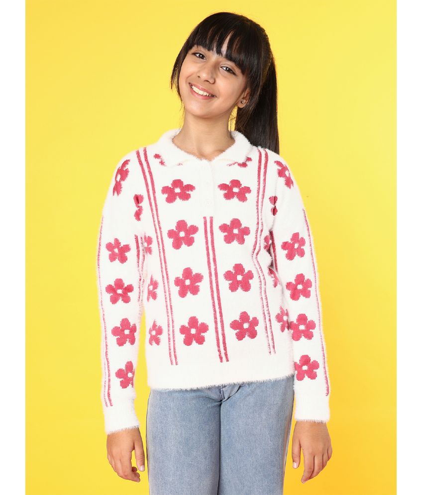     			Natilene Girls Floral Self Design Ribbed Pullover Sweater