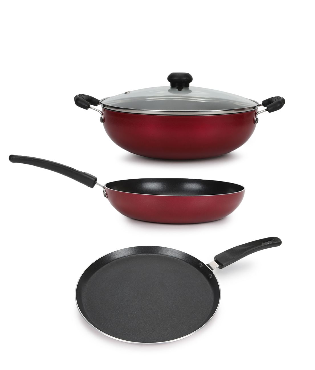     			HOMETALES Non Stick Kitchen Cookware Set of 4,(Tawa, Frypan and Kadhai with Glass Lid) 2.5 mm Thick, Induction Friendly