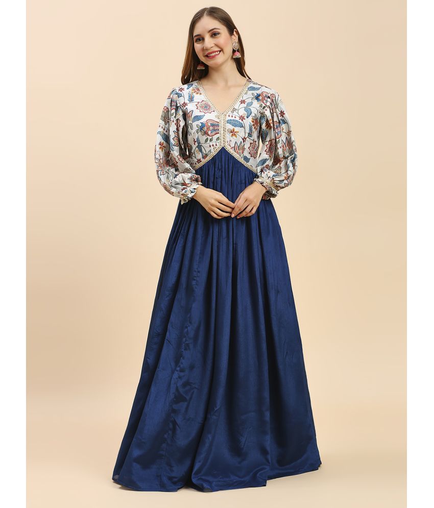     			Madhuram Textiles Silk Printed Full Length Women's Gown - Blue ( Pack of 1 )