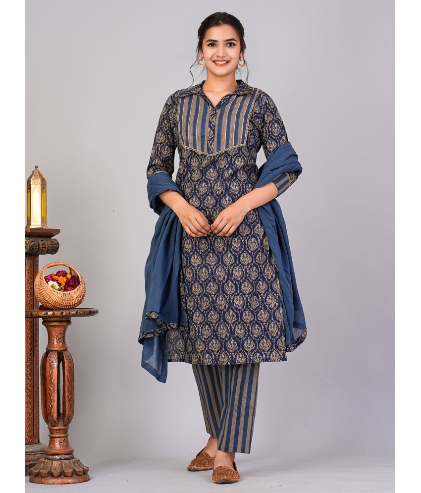     			Flamboyant Cotton Printed Kurti With Pants Women's Stitched Salwar Suit - Blue ( Pack of 1 )