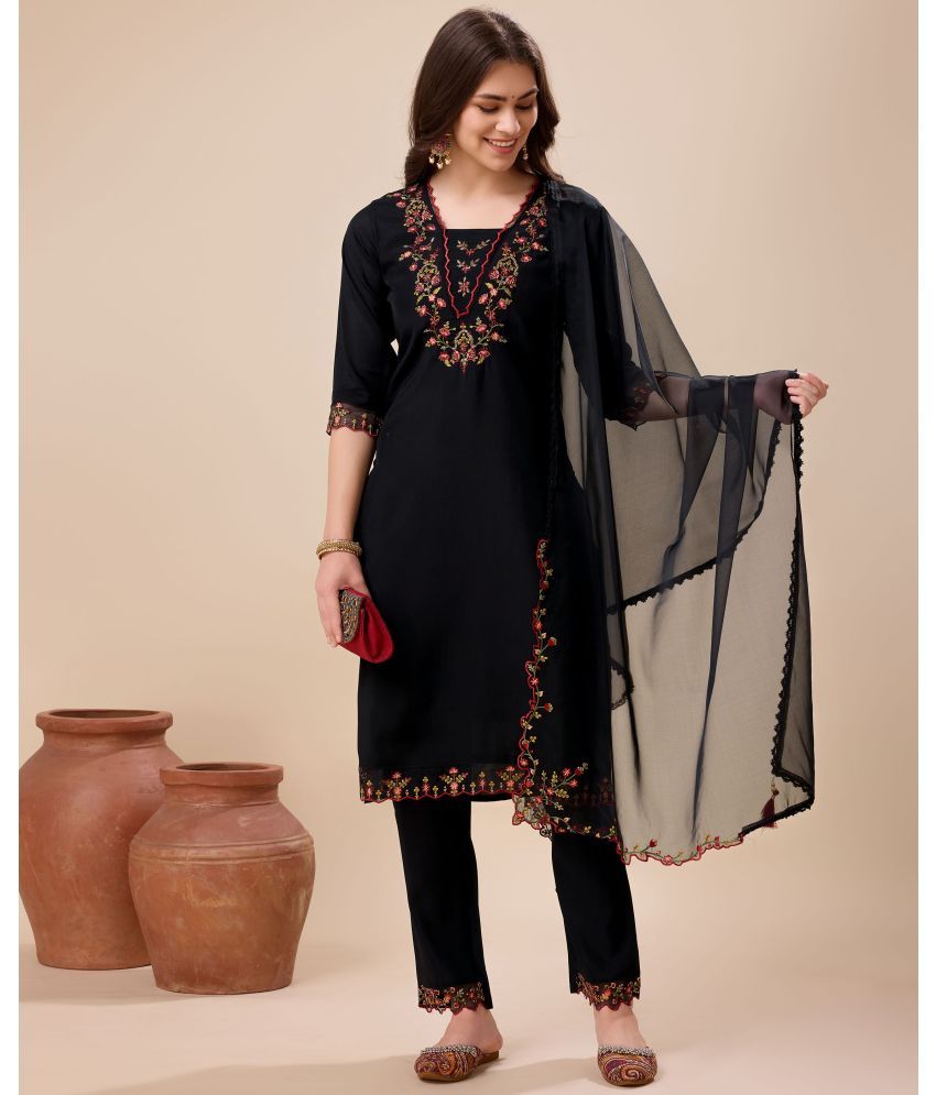     			MOJILAA Silk Embroidered Kurti With Pants Women's Stitched Salwar Suit - Black ( Pack of 1 )