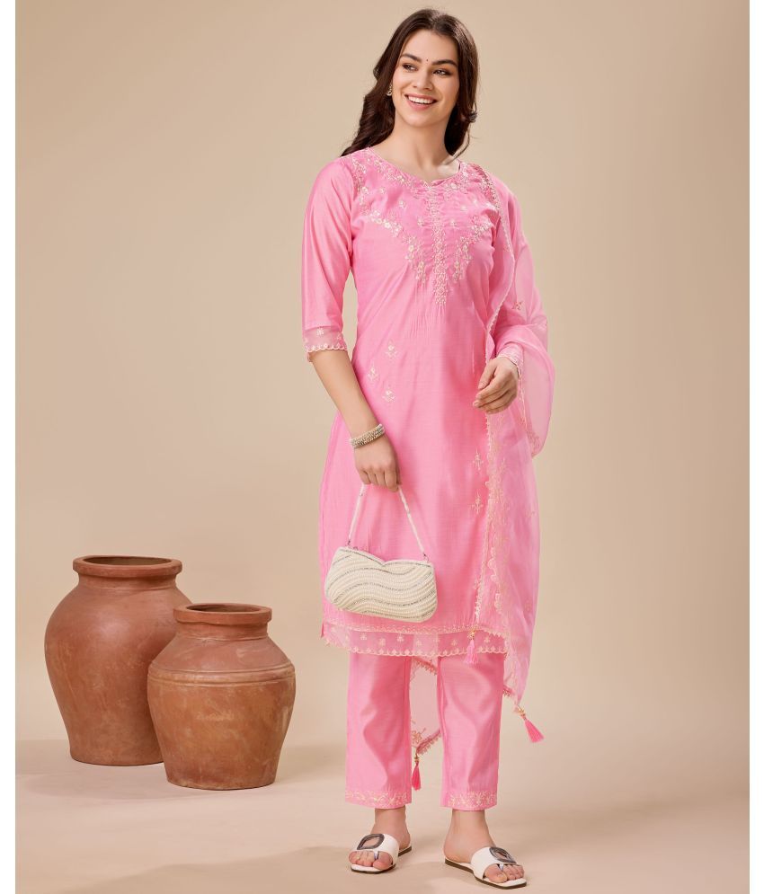     			MOJILAA Silk Embroidered Kurti With Pants Women's Stitched Salwar Suit - Pink ( Pack of 1 )