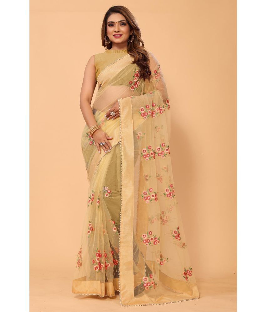     			PATLANI STYLE Net Printed Saree With Blouse Piece - Beige ( Pack of 1 )