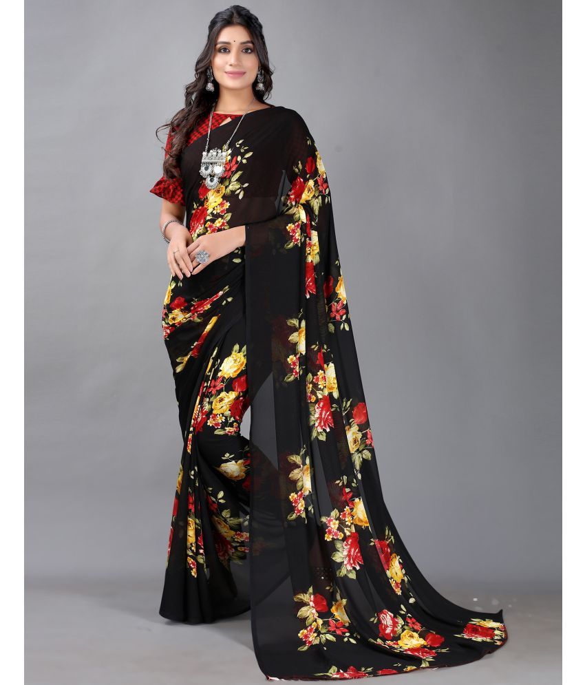     			Samah Georgette Printed Saree With Blouse Piece - Black ( Pack of 1 )