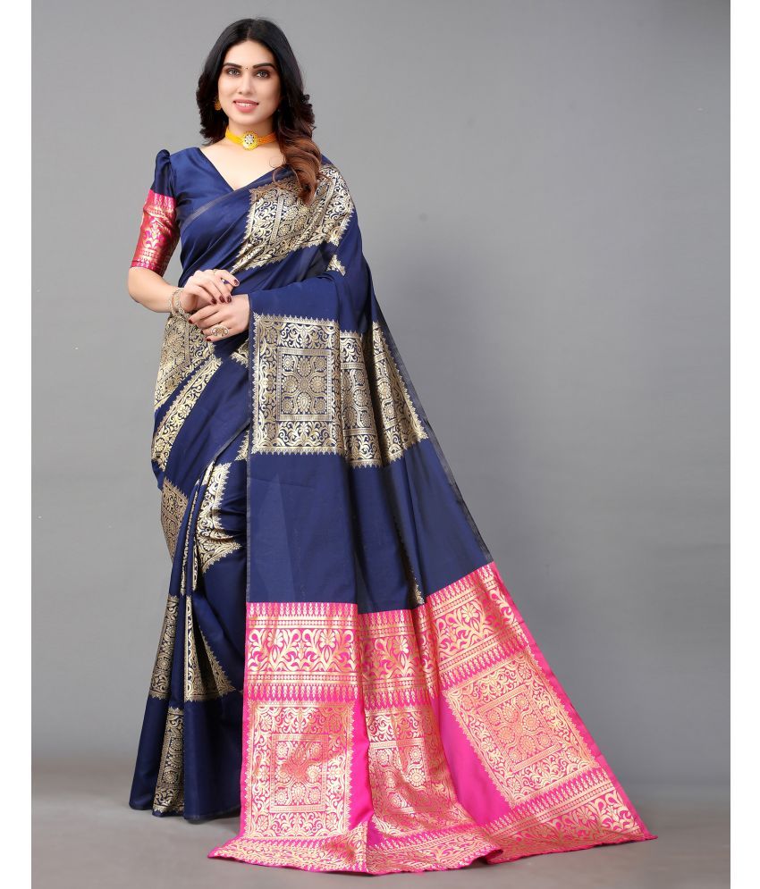     			Samah Silk Woven Saree With Blouse Piece - Navy Blue ( Pack of 1 )