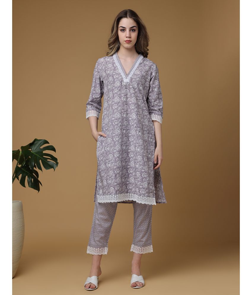     			Sanmatti Cotton Printed Kurti With Pants Women's Stitched Salwar Suit - Light Grey ( Pack of 1 )