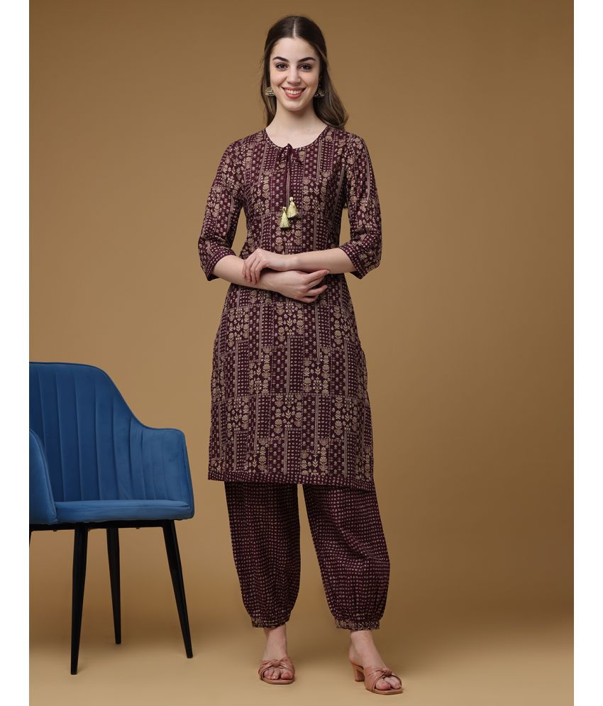     			Sanmatti Cotton Printed Kurti With Pants Women's Stitched Salwar Suit - Purple ( Pack of 1 )