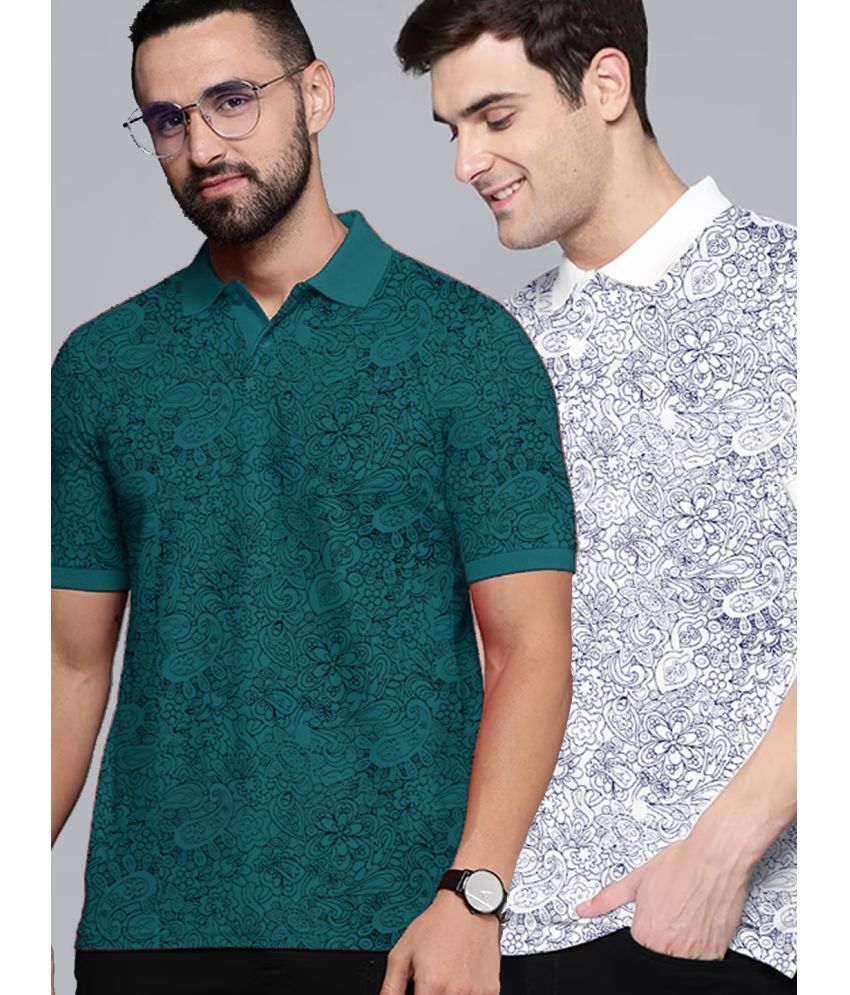     			ADORATE Cotton Blend Regular Fit Printed Half Sleeves Men's Polo T Shirt - Teal Blue ( Pack of 2 )