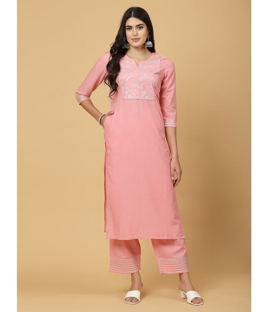     			Pistaa Cotton Printed Kurti With Palazzo Women's Stitched Salwar Suit - Pink ( Pack of 1 )