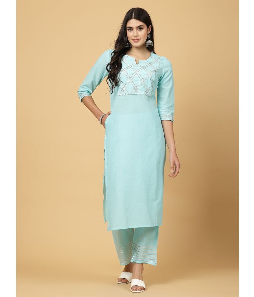     			Pistaa Cotton Solid Kurti With Palazzo Women's Stitched Salwar Suit - Light Blue ( Pack of 1 )