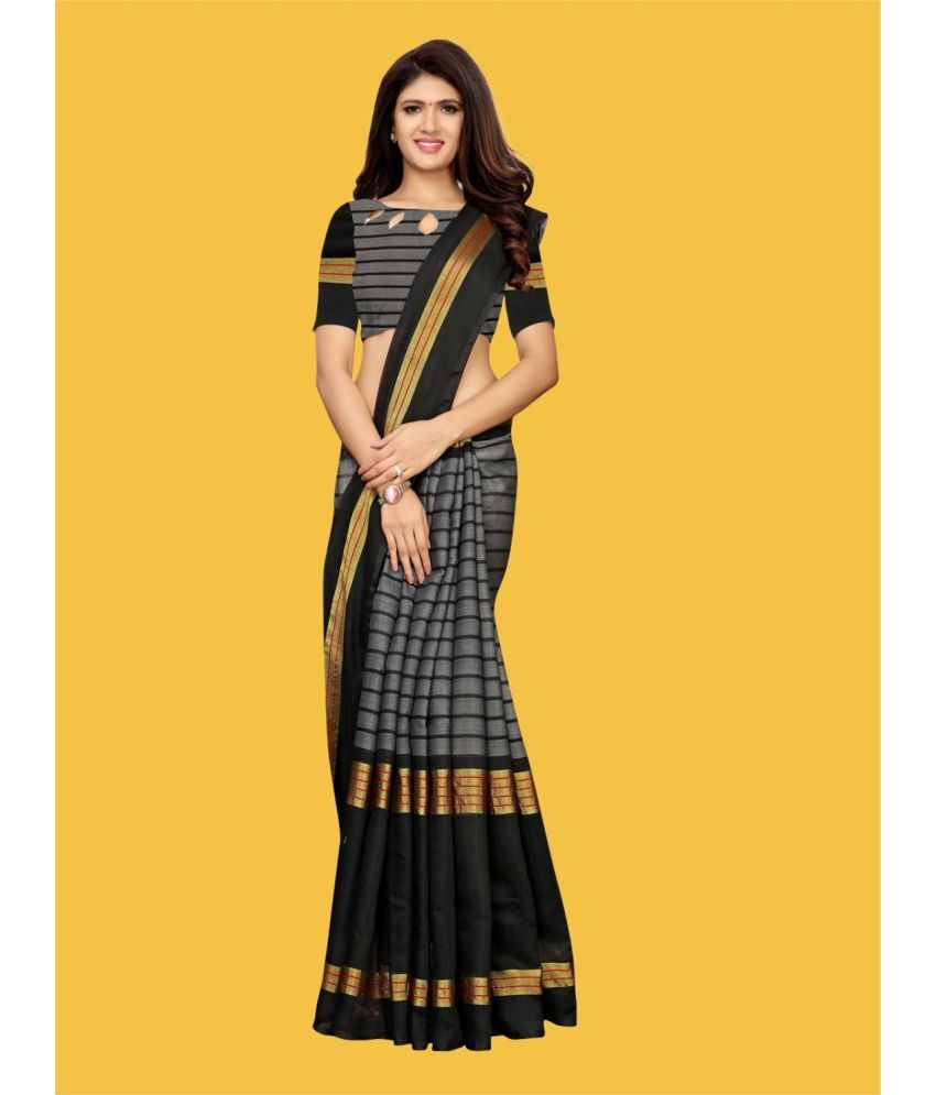     			Samah Chanderi Striped Saree With Blouse Piece - Black ( Pack of 1 )